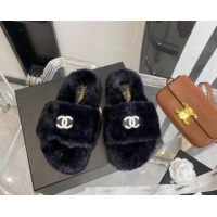 Best Price Chanel Fur CC Flat Slide Sandals 112299 Black