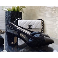 Best Luxury Chanel Tweed & Leather Slingbacks Pumps 6.5cm G31318 Black 