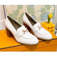 Best Luxury Hermes Dauphine Goatskin High Heel Pumps 8.5cm 091807 White/Gold