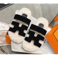 Good Quality Hermes Chypre Shearling and Suede Flat Sandals 092549 Black