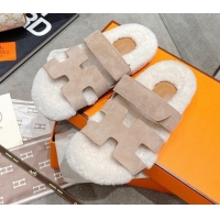 Top Quality Hermes Chypre Shearling and Suede Flat Sandals 092549 Beige