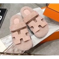 Good Product Hermes Chypre Shearling and Suede Flat Sandals 092549 Light Pink