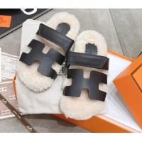 Low Cost Hermes Chypre Shearling and Suede Flat Sandals 092549 Black