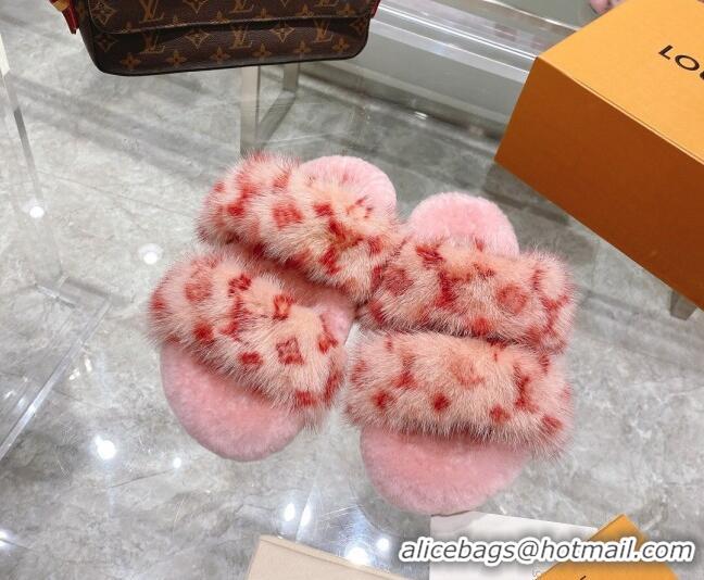 Low Cost Louis Vuitton Bom Dia Mink Fur Flat Mules 111751 Pink/Red