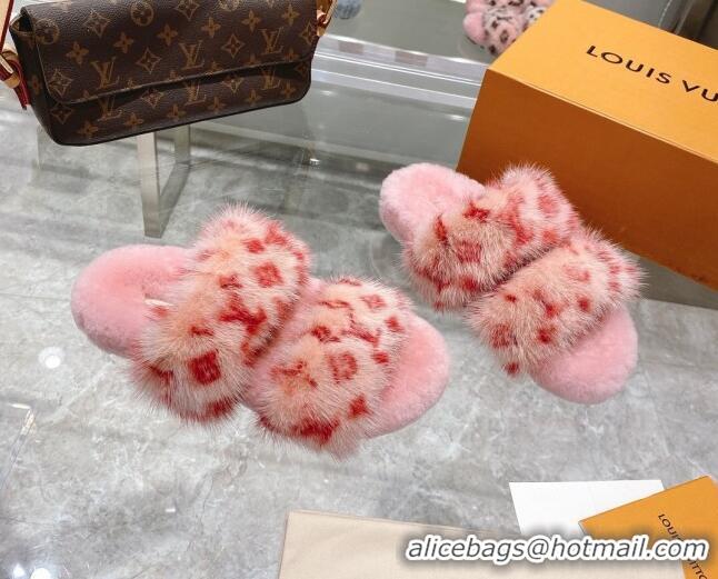 Low Cost Louis Vuitton Bom Dia Mink Fur Flat Mules 111751 Pink/Red