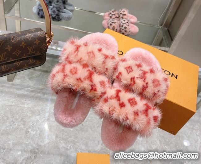 Low Cost Louis Vuitton Bom Dia Mink Fur Flat Mules 111751 Pink/Red