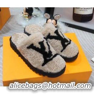 Fashion Louis Vuitton Shearling Flat Mules Grey 111755