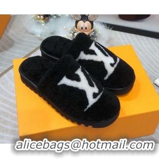 Top Quality Louis Vuitton Shearling Flat Mules Black 111756