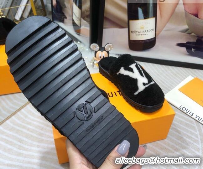 Top Quality Louis Vuitton Shearling Flat Mules Black 111756