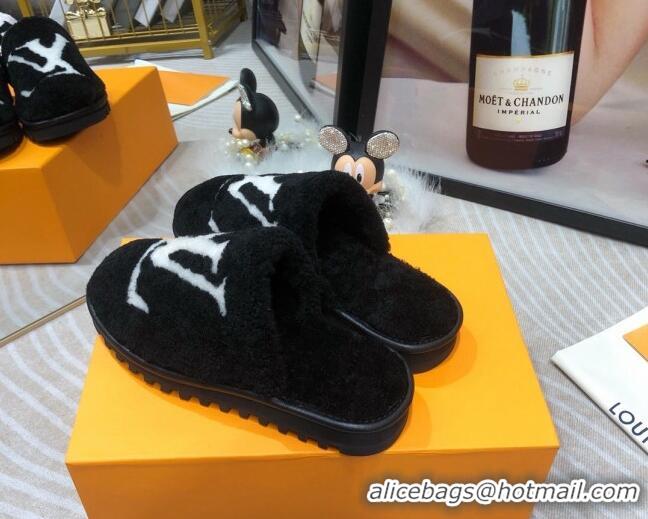 Top Quality Louis Vuitton Shearling Flat Mules Black 111756