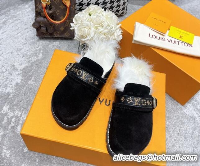 Classic Hot Louis Vuitton Winterbreak Flat Suede Wool Mules 111763 Black