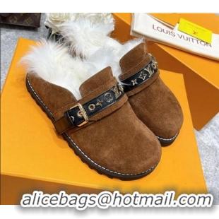 Good Quality Louis Vuitton Winterbreak Flat Suede Wool Mules 111763 Brown