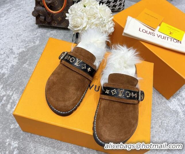 Good Quality Louis Vuitton Winterbreak Flat Suede Wool Mules 111763 Brown