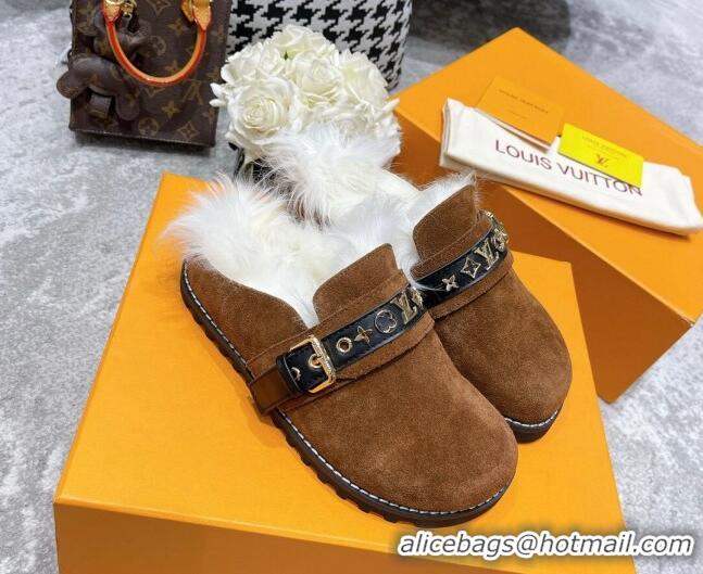 Good Quality Louis Vuitton Winterbreak Flat Suede Wool Mules 111763 Brown