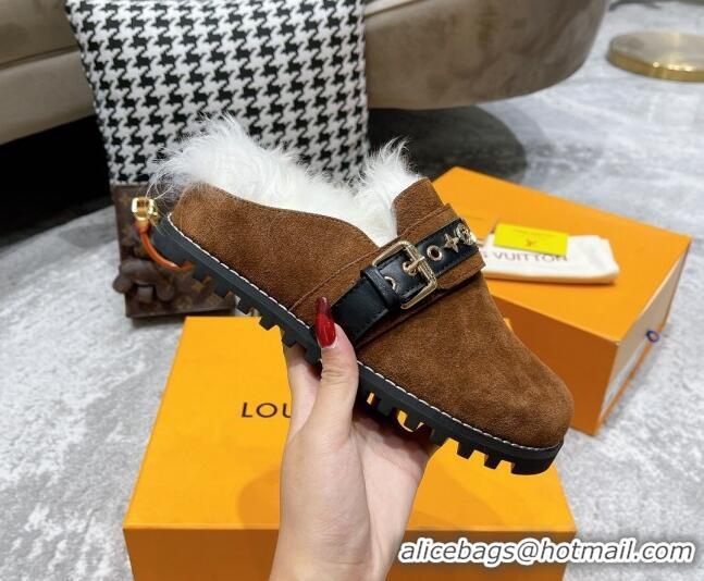 Good Quality Louis Vuitton Winterbreak Flat Suede Wool Mules 111763 Brown