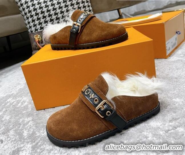 Good Quality Louis Vuitton Winterbreak Flat Suede Wool Mules 111763 Brown