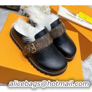 Unique Style Louis Vuitton Winterbreak Flat Leather Wool Mules 111765 Black