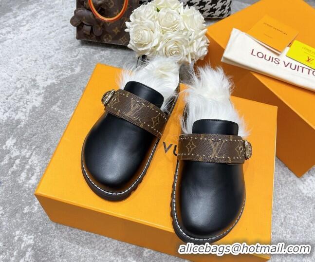 Unique Style Louis Vuitton Winterbreak Flat Leather Wool Mules 111765 Black