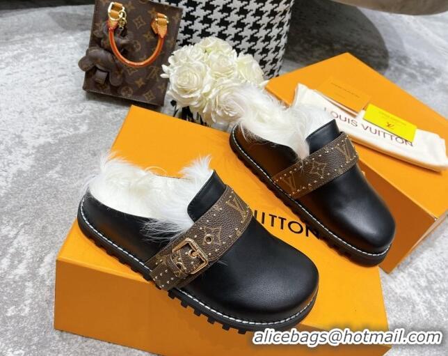 Unique Style Louis Vuitton Winterbreak Flat Leather Wool Mules 111765 Black