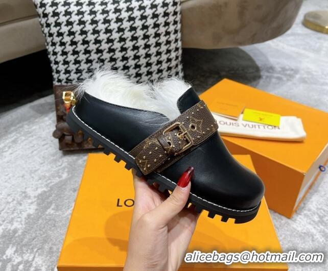 Unique Style Louis Vuitton Winterbreak Flat Leather Wool Mules 111765 Black