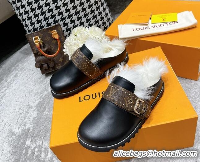 Unique Style Louis Vuitton Winterbreak Flat Leather Wool Mules 111765 Black