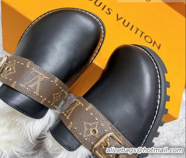 Unique Style Louis Vuitton Winterbreak Flat Leather Wool Mules 111765 Black