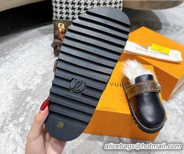 Unique Style Louis Vuitton Winterbreak Flat Leather Wool Mules 111765 Black