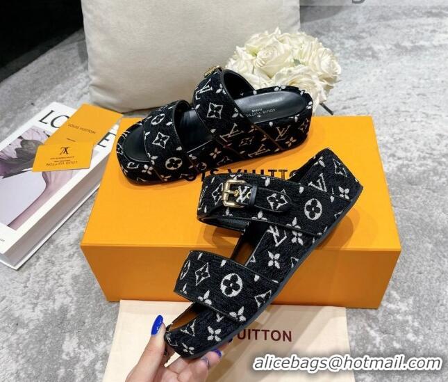 Sophisticated Louis Vuitton Jumbo Monogram Velvet Flatform Slide Sandals Black/White 111775