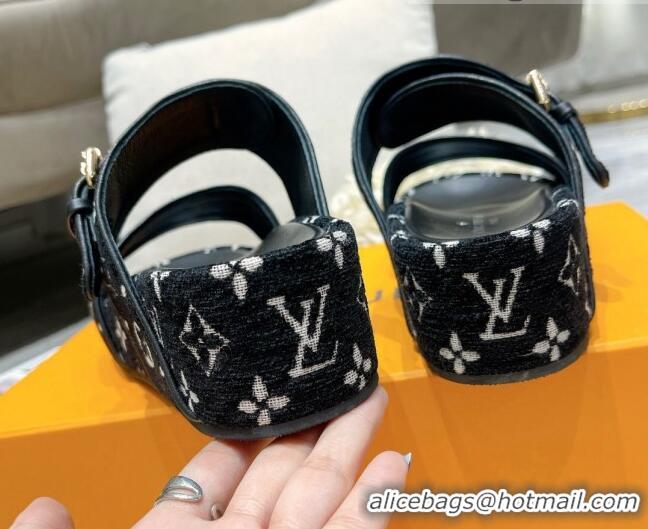 Sophisticated Louis Vuitton Jumbo Monogram Velvet Flatform Slide Sandals Black/White 111775