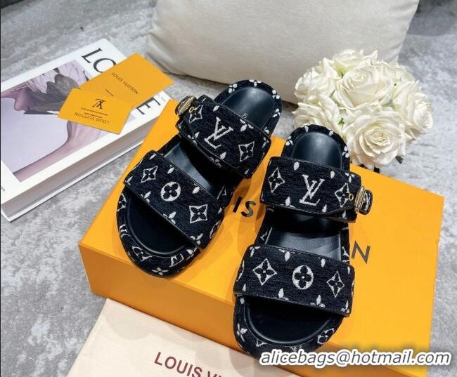 Sophisticated Louis Vuitton Jumbo Monogram Velvet Flatform Slide Sandals Black/White 111775