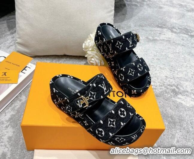 Sophisticated Louis Vuitton Jumbo Monogram Velvet Flatform Slide Sandals Black/White 111775