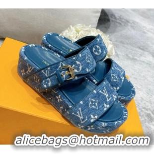 Luxury Louis Vuitton Jumbo Monogram Velvet Flatform Slide Sandals 111775 Blue