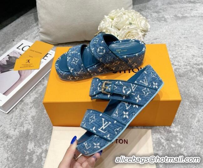 Luxury Louis Vuitton Jumbo Monogram Velvet Flatform Slide Sandals 111775 Blue