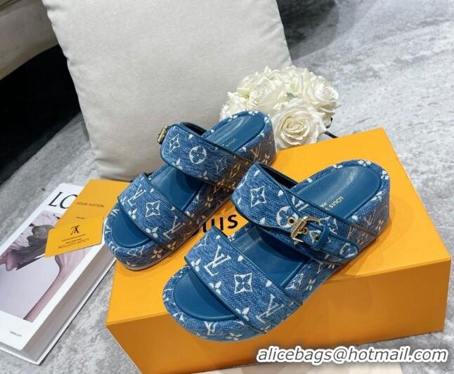 Luxury Louis Vuitton Jumbo Monogram Velvet Flatform Slide Sandals 111775 Blue