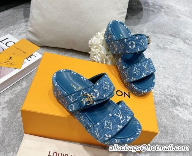 Luxury Louis Vuitton Jumbo Monogram Velvet Flatform Slide Sandals 111775 Blue