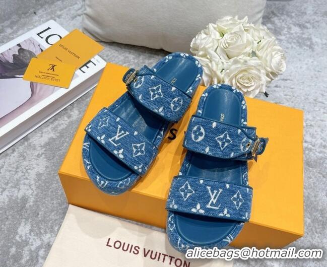 Luxury Louis Vuitton Jumbo Monogram Velvet Flatform Slide Sandals 111775 Blue