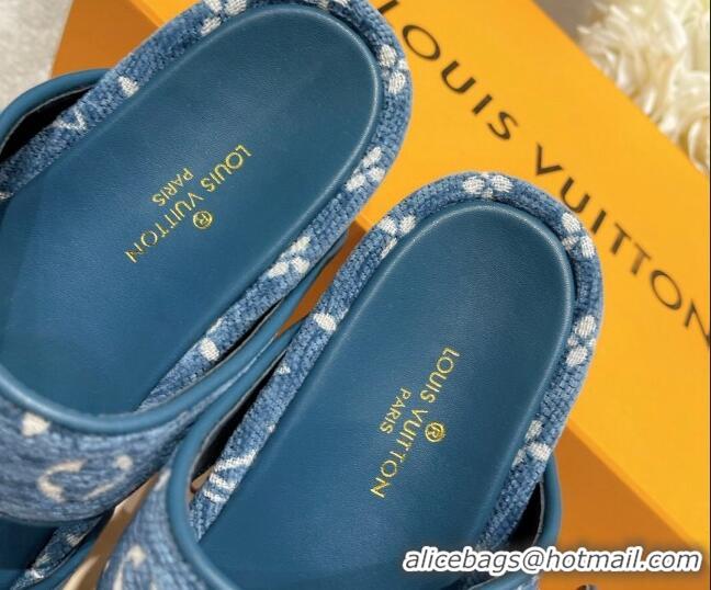 Luxury Louis Vuitton Jumbo Monogram Velvet Flatform Slide Sandals 111775 Blue