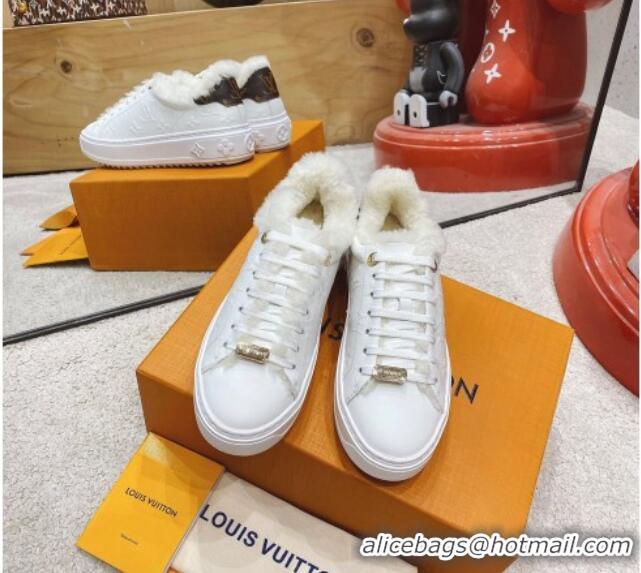 Classic Practical Louis Vuitton Time Out Leather Shearling Sneakers 1117107 White