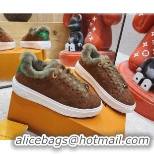 Super Quality Louis Vuitton Time Out Suede Shearling Sneakers Brown 1117109