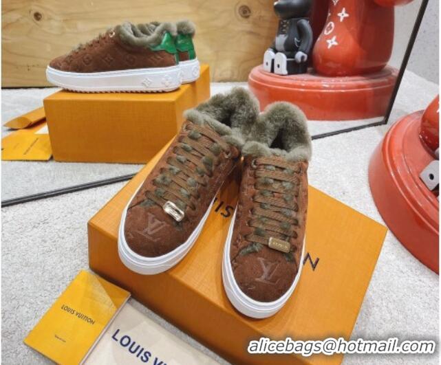 Super Quality Louis Vuitton Time Out Suede Shearling Sneakers Brown 1117109