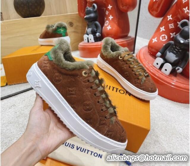 Super Quality Louis Vuitton Time Out Suede Shearling Sneakers Brown 1117109