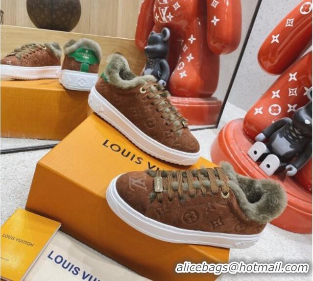 Super Quality Louis Vuitton Time Out Suede Shearling Sneakers Brown 1117109