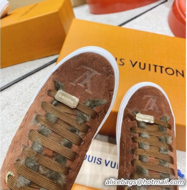 Super Quality Louis Vuitton Time Out Suede Shearling Sneakers Brown 1117109