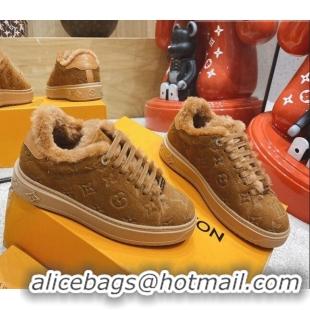 Luxury Classic Louis Vuitton Time Out Leather Shearling Sneakers Brown 1117112