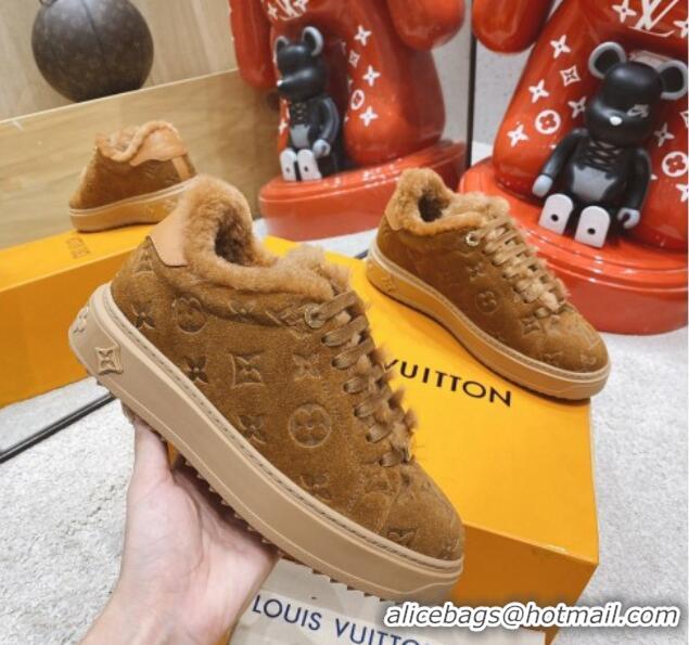 Luxury Classic Louis Vuitton Time Out Leather Shearling Sneakers Brown 1117112