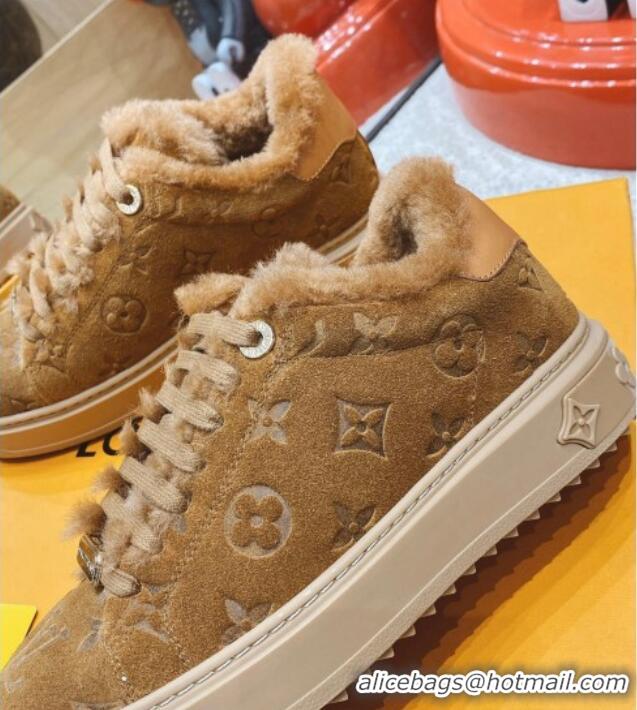 Luxury Classic Louis Vuitton Time Out Leather Shearling Sneakers Brown 1117112