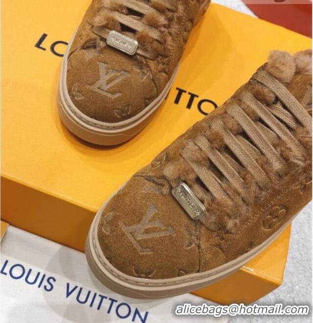 Luxury Classic Louis Vuitton Time Out Leather Shearling Sneakers Brown 1117112