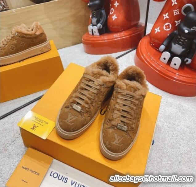 Luxury Classic Louis Vuitton Time Out Leather Shearling Sneakers Brown 1117112