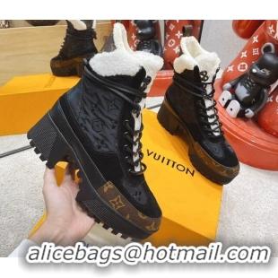 Luxury Louis Vuitton Laureate Platform Desert Embroidered Nylon and Shearling Ankle Boots Black 1117113