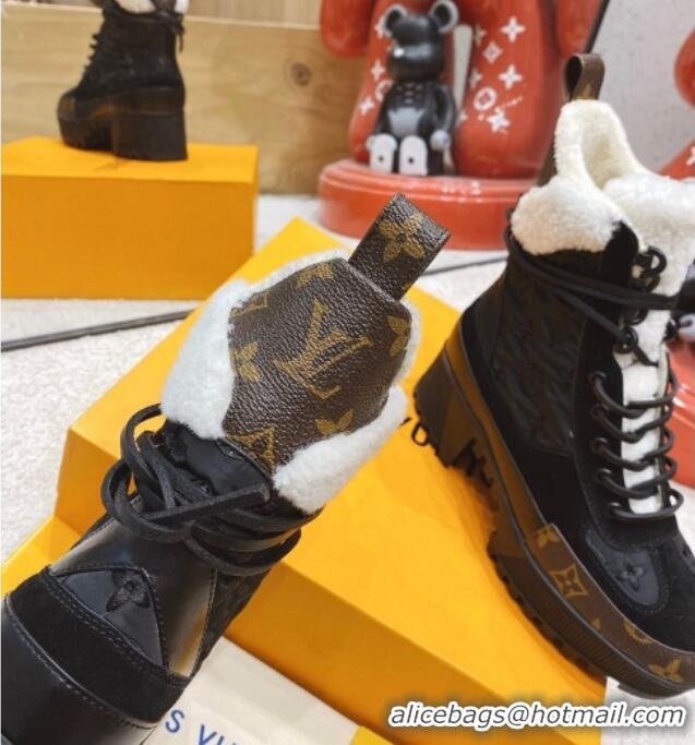 Luxury Louis Vuitton Laureate Platform Desert Embroidered Nylon and Shearling Ankle Boots Black 1117113